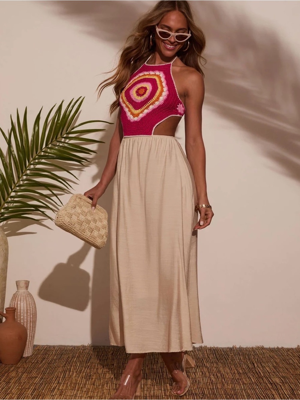 Vici Pink Crochet Halter Maxi Dress with Cream Skirt